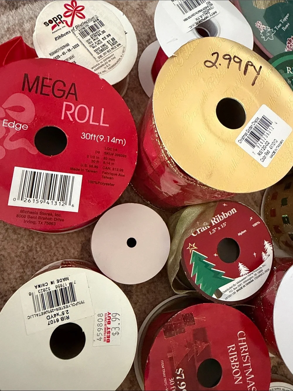 17-Roll Christmas Holiday Wired Ribbon Bundle Red Green Gold New